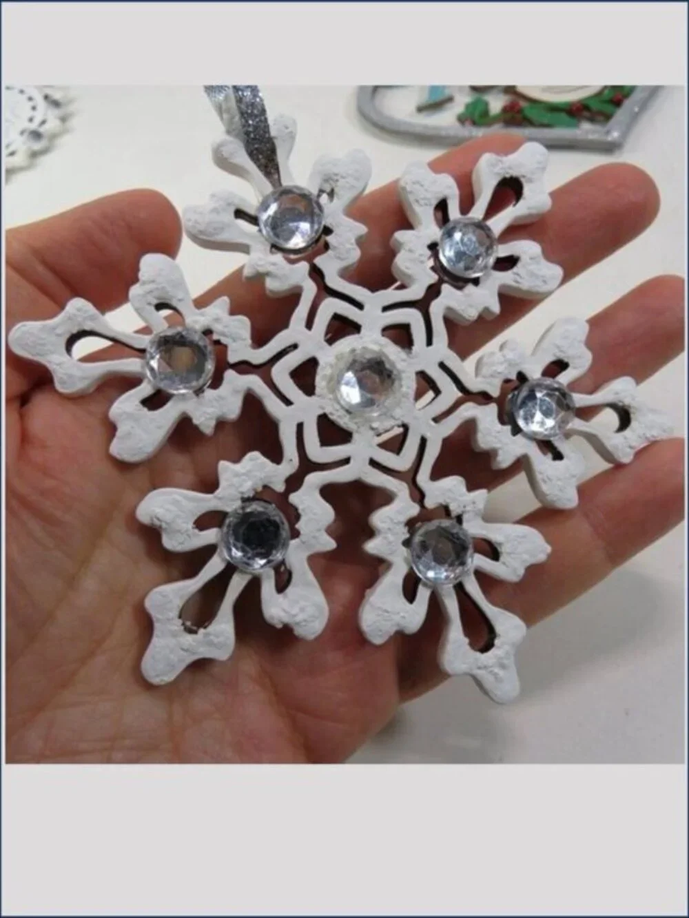 White Wood Snowflake (7) Ornaments Blue Peace Bird Christmas Holiday Decor